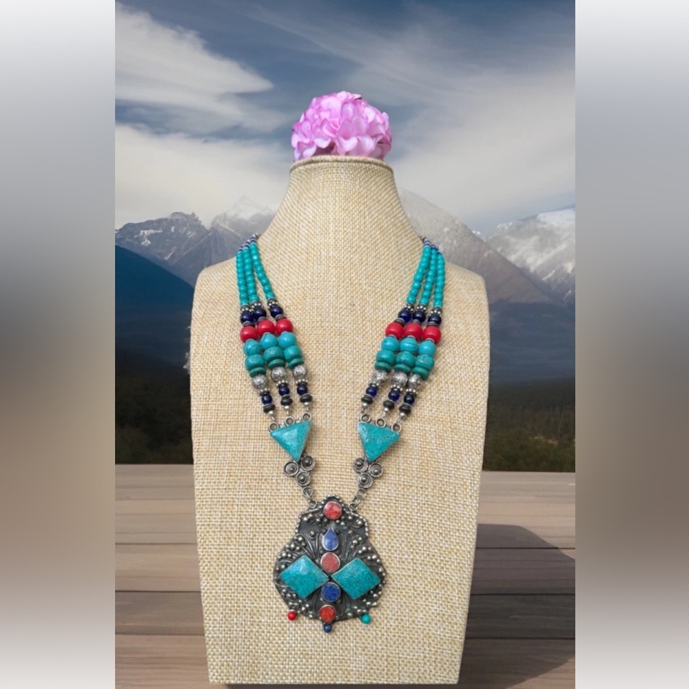 Vintage & Handcrafted Ethnic Tribal Multi Strand Silver Necklace & Stones 179gr
